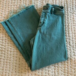 High-Rise Teal Wide-Leg Jeans with Frayed Hem